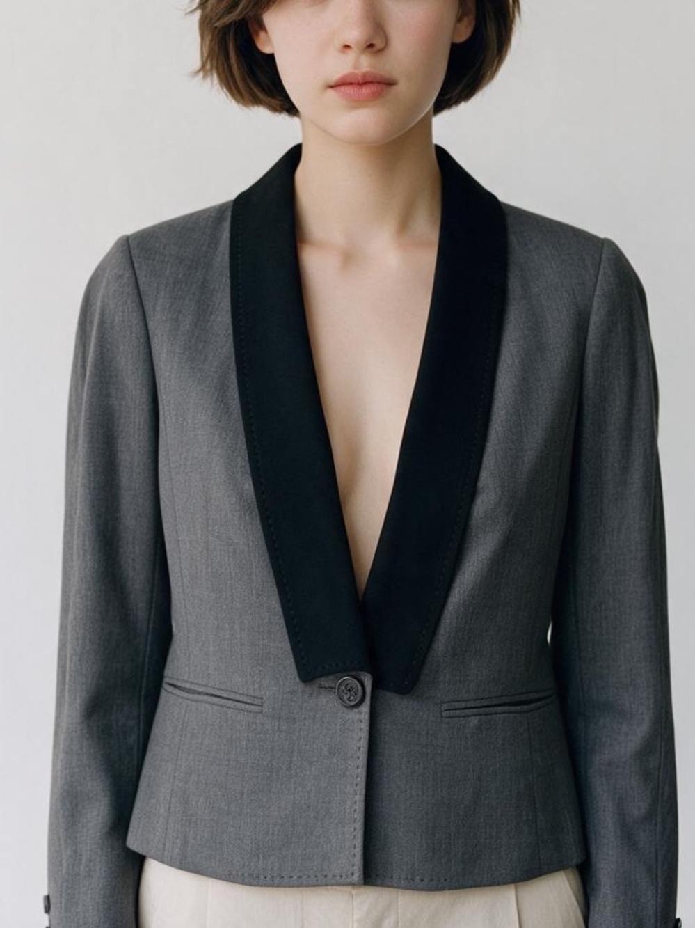 See By Chloe 6 Blazer Grey & Black One Button Cropped Wool Jacket Classic Fall